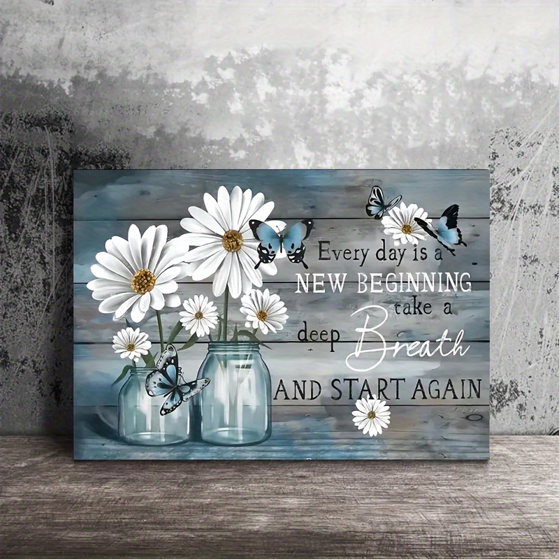 1pc Wooden Framed Canvas Painting Daisy Flowers Blue Rustic Butterfly Floral Wall Art Prints Vibrant Daisy Butterfly Art Print For Home Decoration, Living Room&Bedroom