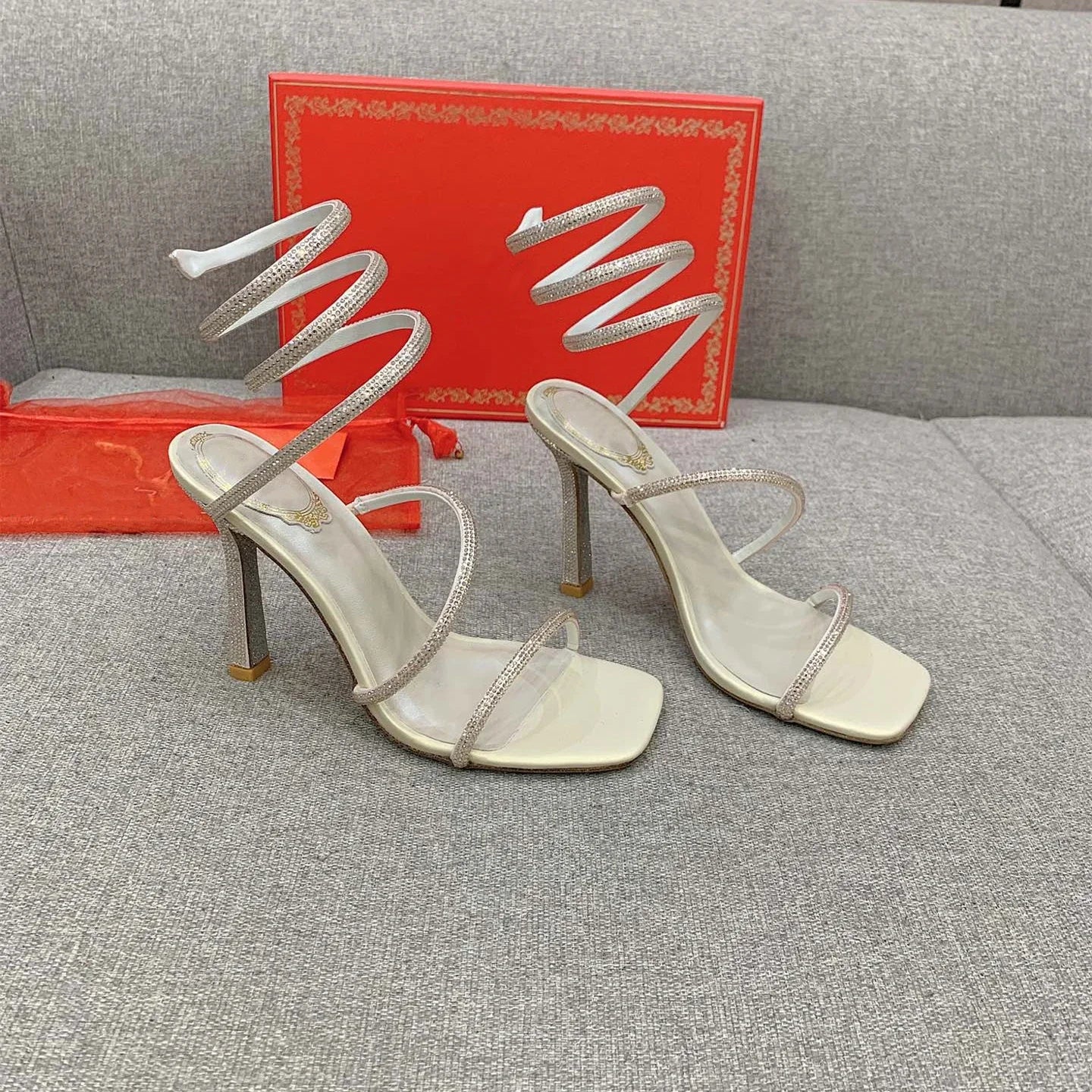 Crystal Snake Rhinestone Stilettos - Luxury Open Toe Heels