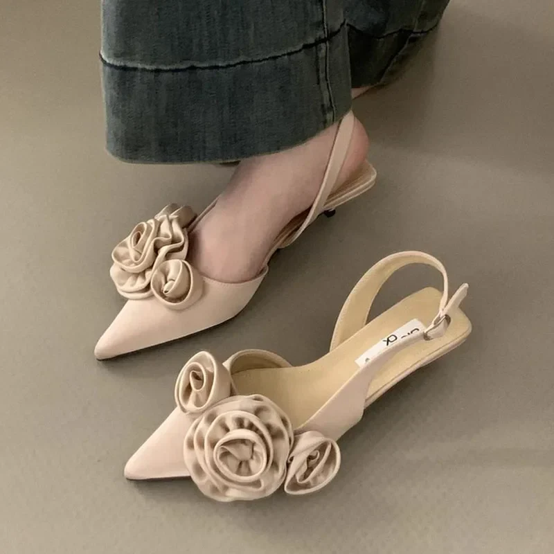 Satin Floral Slingback Stilettos - Pointed Toe Party Heels