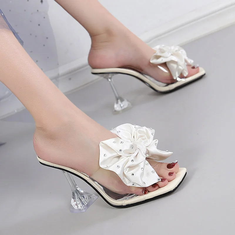 Rhinestone Peep Toe Stiletto Heels - Bow Sandals