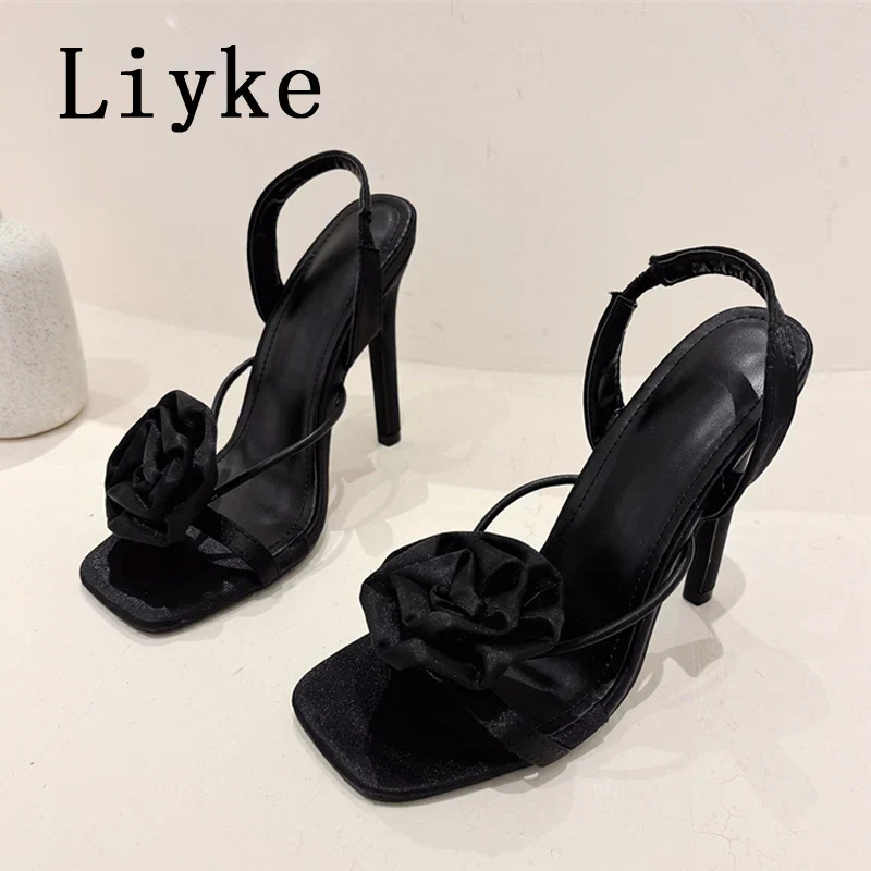 Liyke Square Toe Rose Slip-On Heels - Women's Sandals