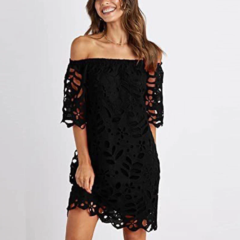Off Shoulder Floral Lace Flare Short Sleeve Loose Mini Dress