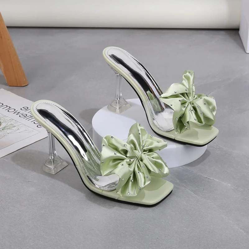 Rhinestone Peep Toe Stiletto Heels - Bow Sandals