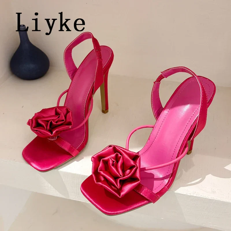 Liyke Square Toe Rose Slip-On Heels - Women's Sandals