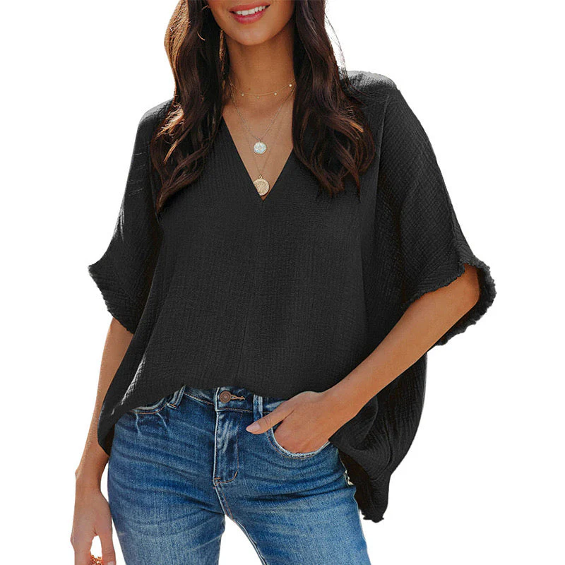 Womens Short Sleeve V Neck Oversized Solid Blouses