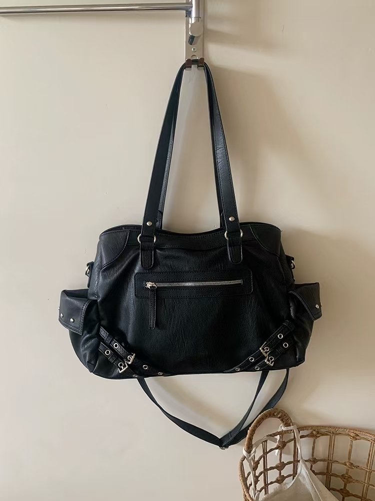 Retro motorcycle bag - New Korean-style Instagram-inspired large-capacity casual black multi-purpose crossbody tote bag