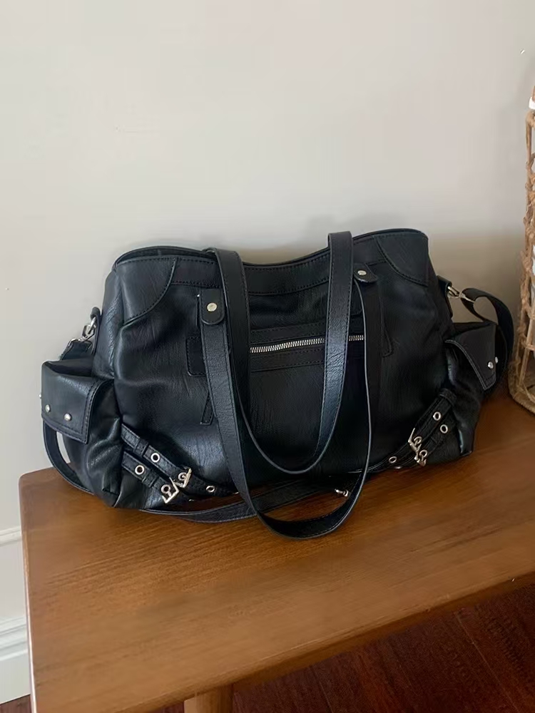 Retro motorcycle bag - New Korean-style Instagram-inspired large-capacity casual black multi-purpose crossbody tote bag