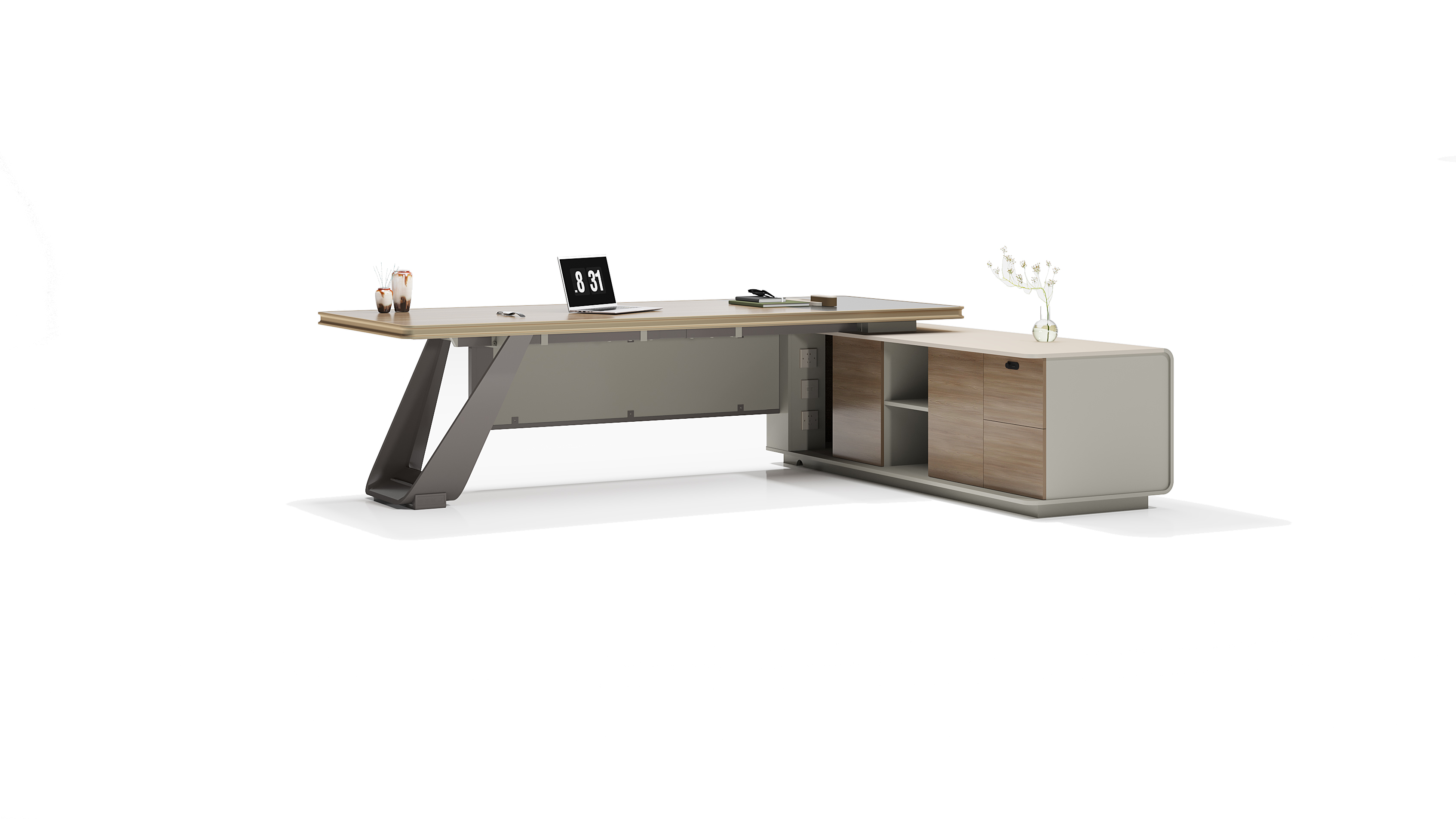 Boss desk/ Supervisor desk/ Office desk/  Qianxi Oak + Khaki Gray + Space Gray Imitation Leather Grain