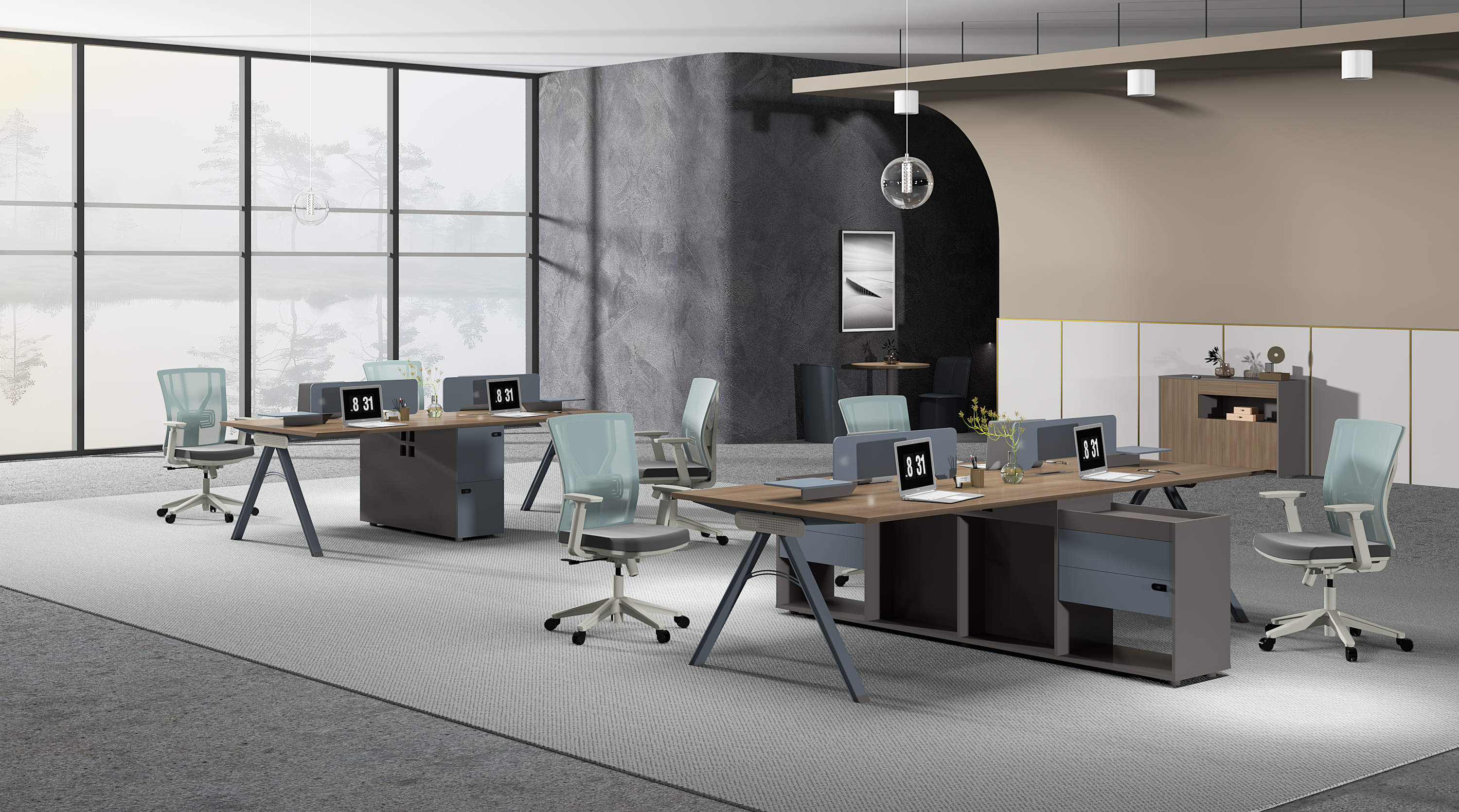 Staff desk / Office desk/ Qianxi Oak + Space Gray + Gray Bean Green