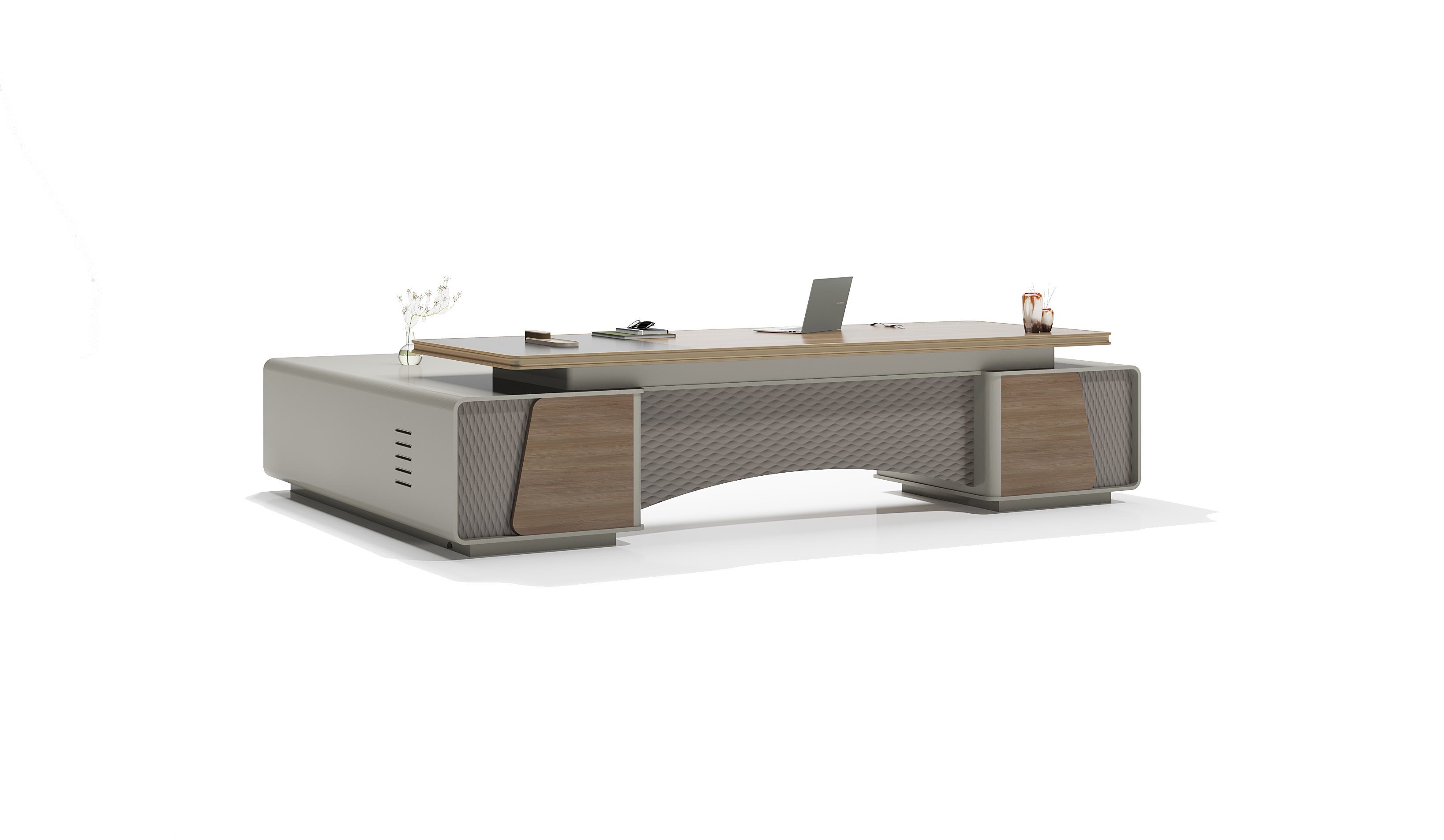 Light luxury boss desk / Office desk/ Qianxi Oak + Khaki Gray + Space Gray Imitation Leather Grain