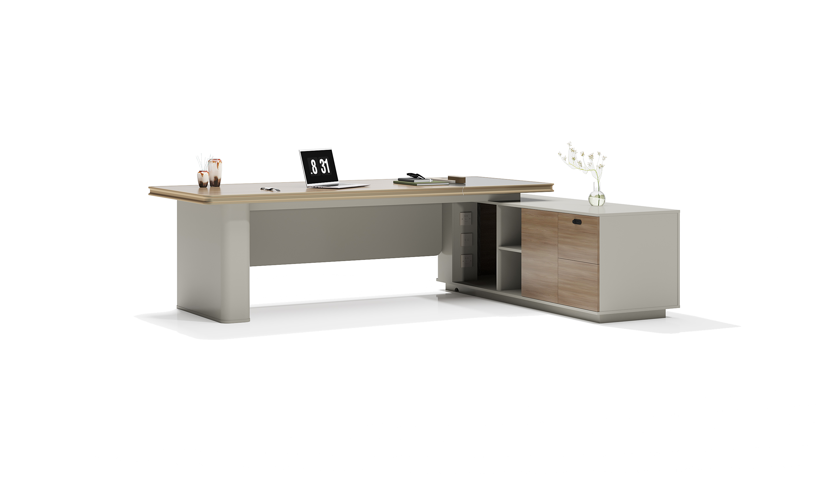 Boss desk/ Supervisor desk/ Office desk/ Qianxi Oak + Khaki Gray + Space Gray Imitation Leather Grain