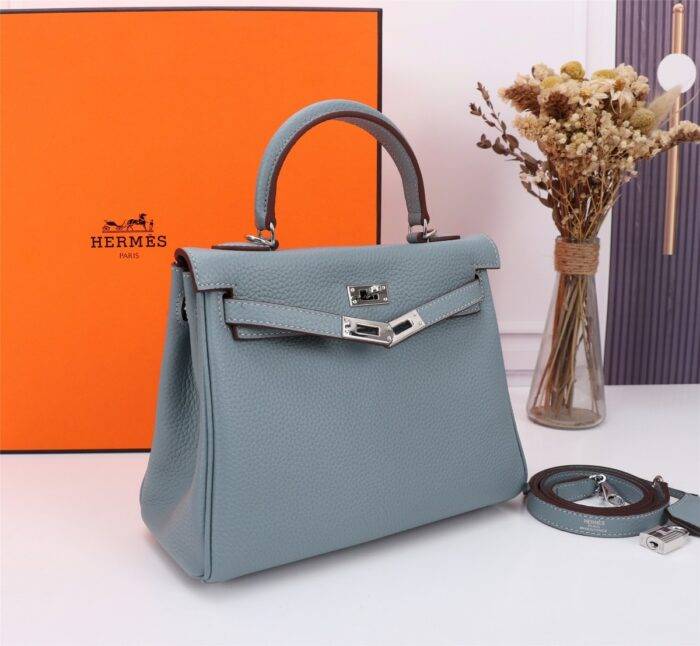 Hermès Kelly Togo Calf Sliver hardware Linen blue size: 25Cm/ 28Cm