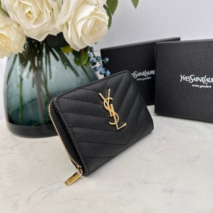 YSL Kat caviar Short round zip wallet 1890 black size: 12*10*3CM