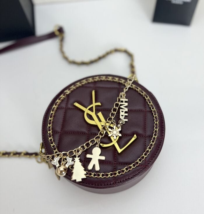YSL round bun bag with chain strap Wine red size: 17cm