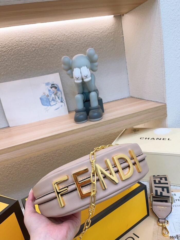 FENDI Patent leather half moon bag Light Pink with chain strap Size: 34*16cm