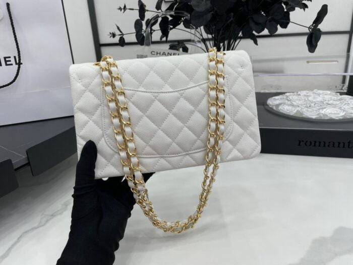 Chanel classic flap caviar leather crossbody bag with gold hardware white
