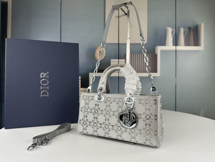 Dior satin diamond-encrusted Princess Diana bag grey 2320 size: 26*13*6cm