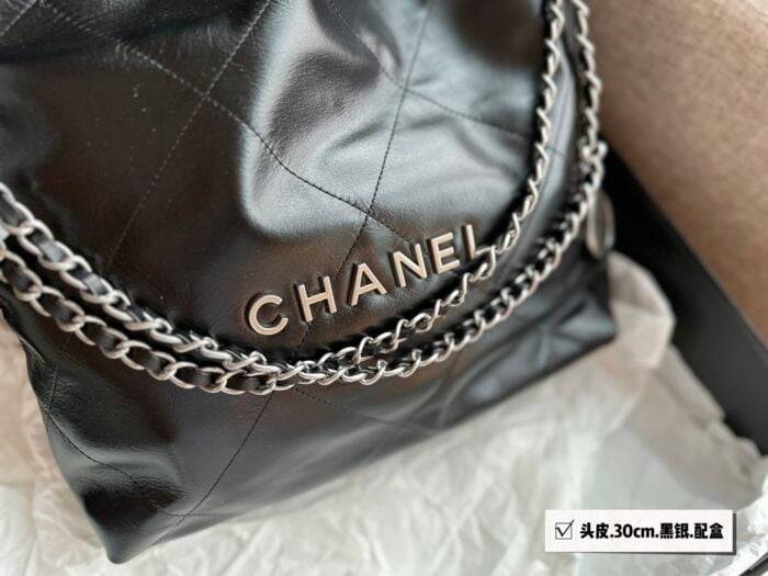 CHANEL Pearl garbage bag black with sliver hardware size:30*32cm