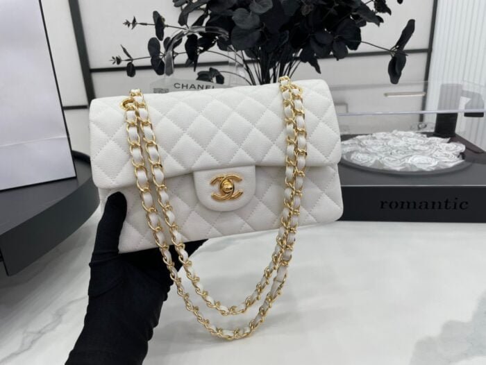 Chanel classic flap caviar leather crossbody bag with gold hardware white