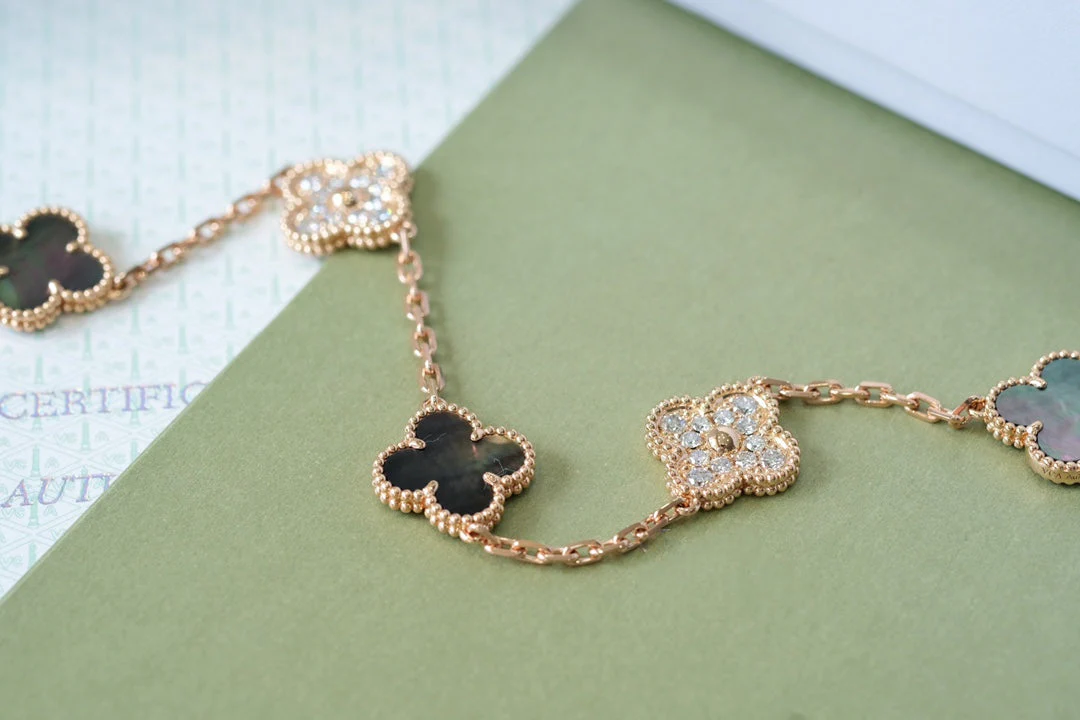 [VA]CLOVER 5 MOTIFS DARK MOP AND DIAMONDS PINK GOLD BRACELET