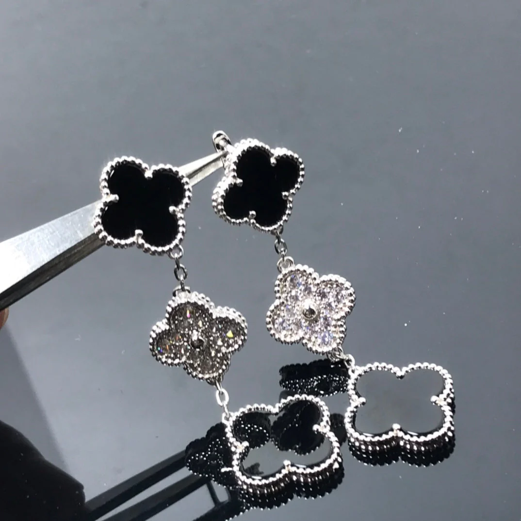 [VA]CLOVER 3 MOTIF DIAMOND ONYX SILVER EARRINGS