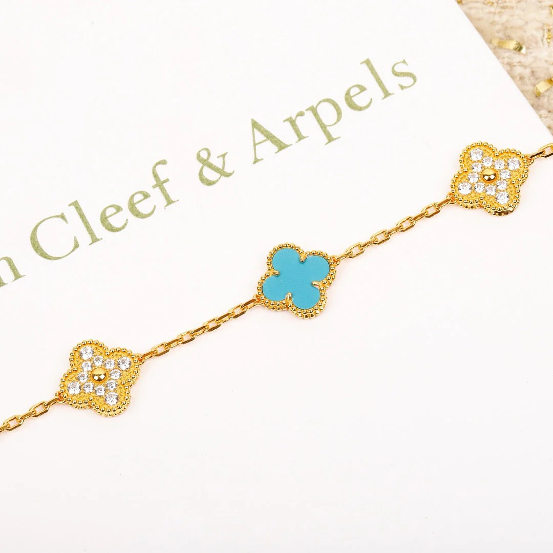 [VA]CLOVER 5 MOTIF TURQUOISE DIAMOND GOLD BRACELET