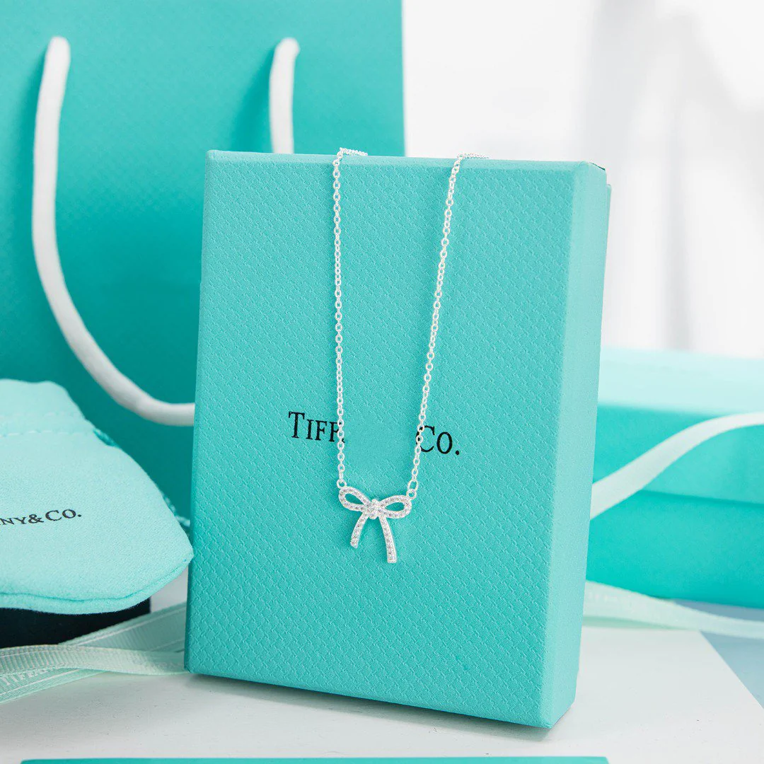 [TF]RIBBON NECKLACE BOW PENDANT DIAMOND CHARM CHAIN