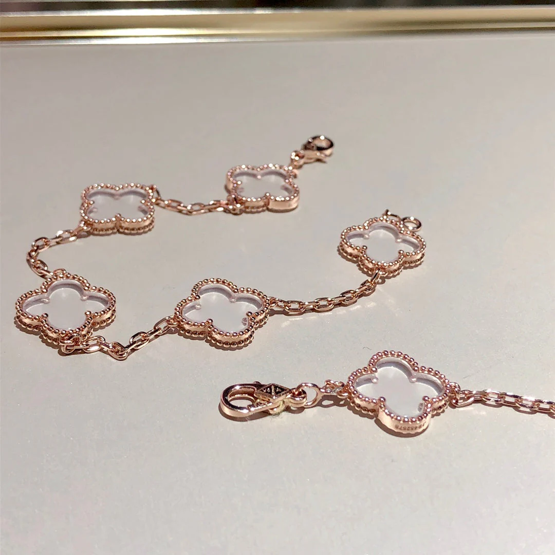 [VA]CLOVER 5 MOTIF ROCK CRYSTAL PINK GOLD BRACELET