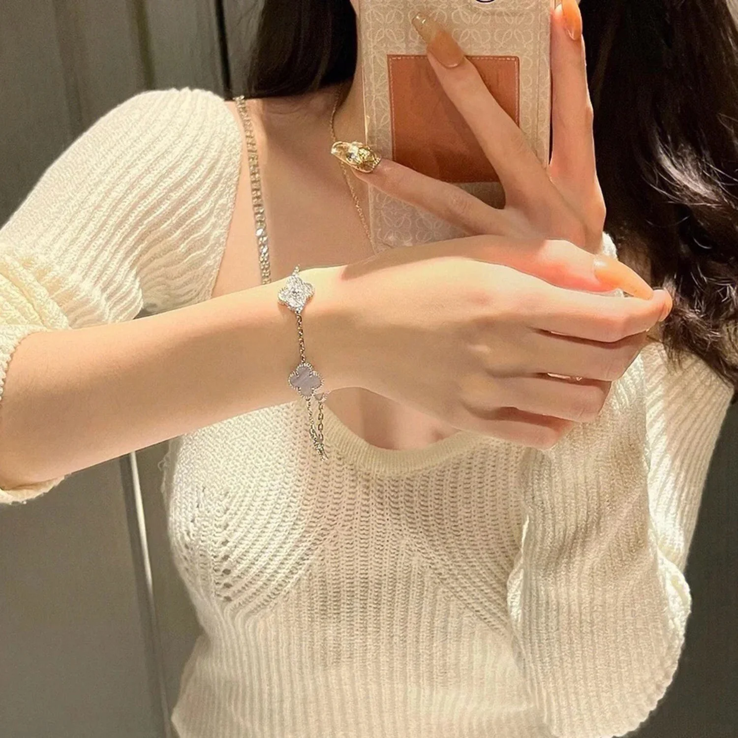 [VA]CLOVER  5 MOTIF DIAMOND PURPLE CHALCEDONY BRACELET SILVER