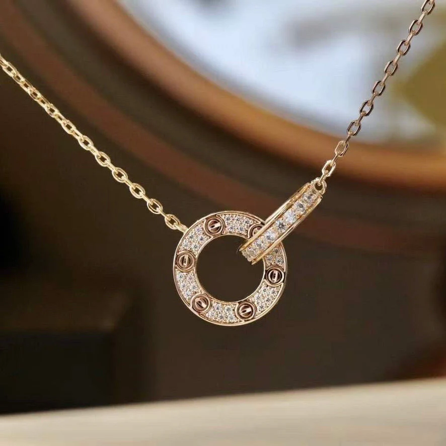 [CT]LOVE 7.6MM NECKLACE ROSE GOLD AND SILVER  FULL DIAMOND