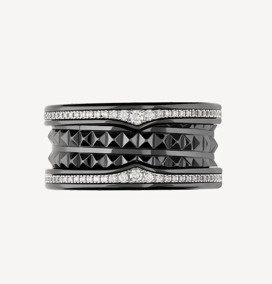 [BV]ZERO 1 ROCK FOUR-BAND BLACK CERAMIC WITH STUDDED SPIRAL AND PAVED DIAMONDS RING