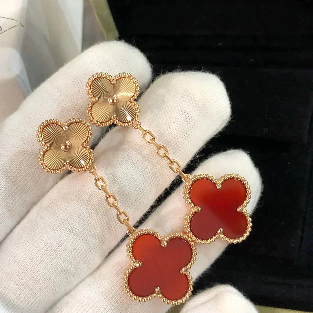 [VA]CLOVER 2 MOTIF  LASER CARNELIAN EARRINGS