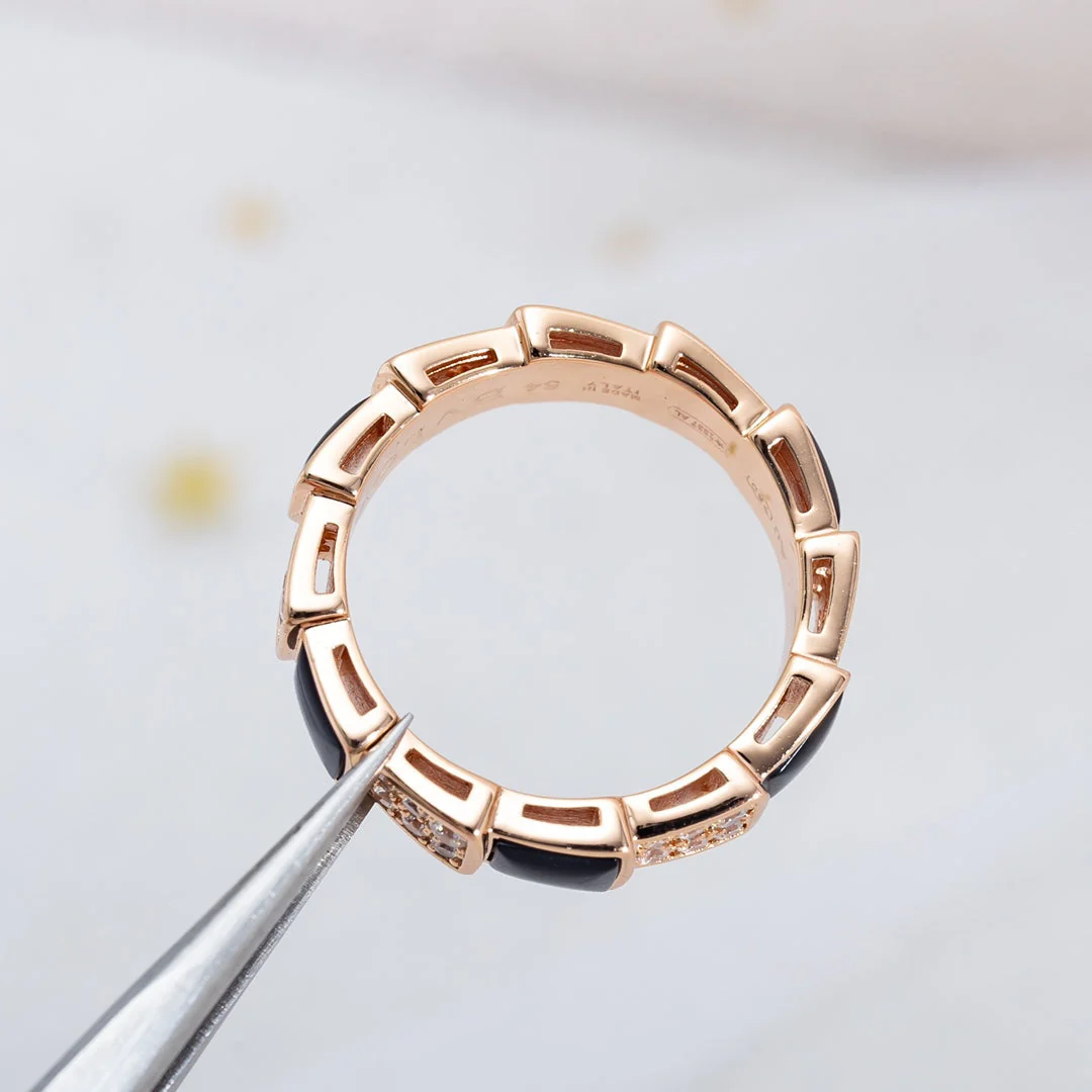 [BV]SERPENTI RING PINK GOLD BLACK MOP DIAMOND PAVED 4MM