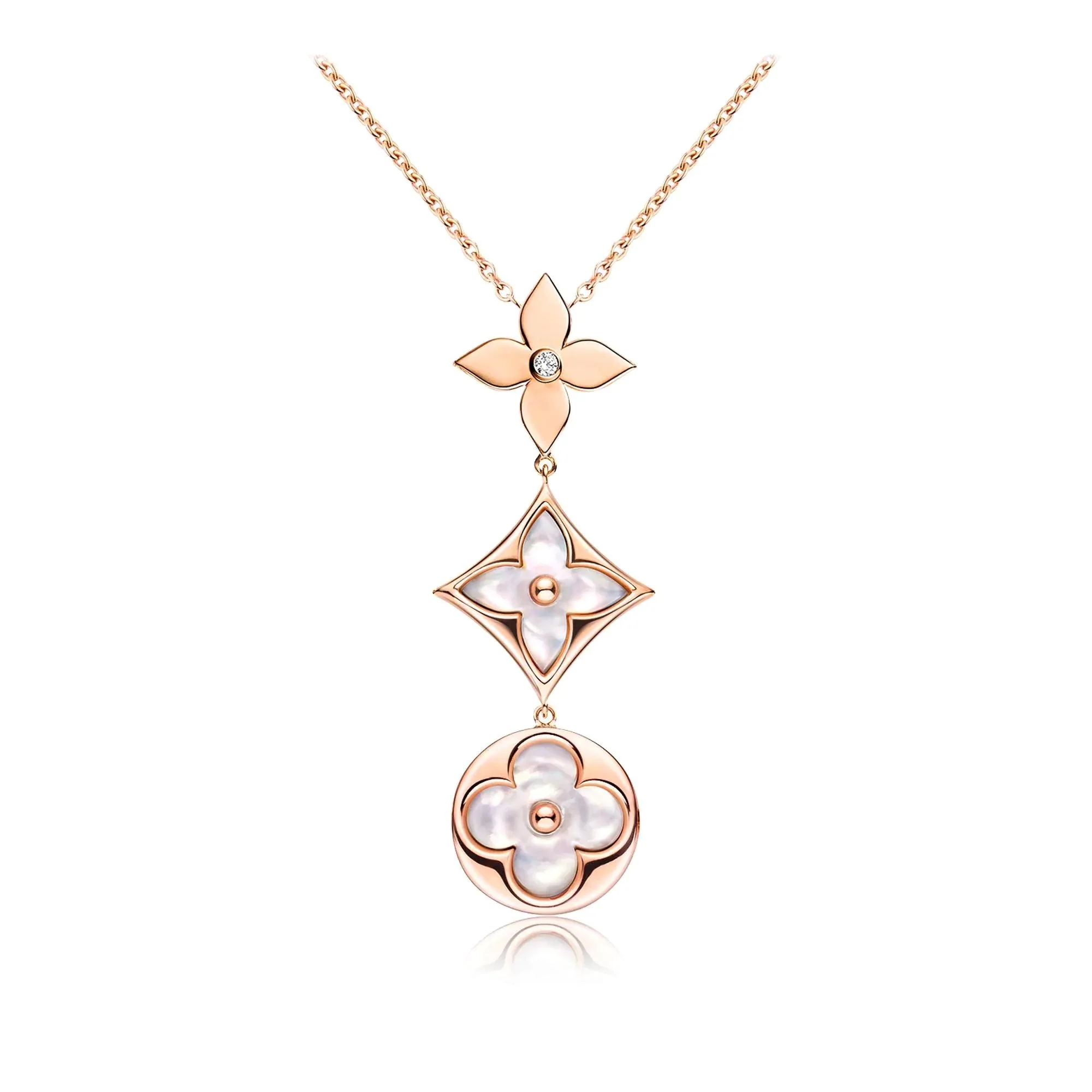 [Loui]COLOR BLOSSOM LARIAT NECKLACE PINK GOLD WHITE MOTHER PEARL AND DIAMOND