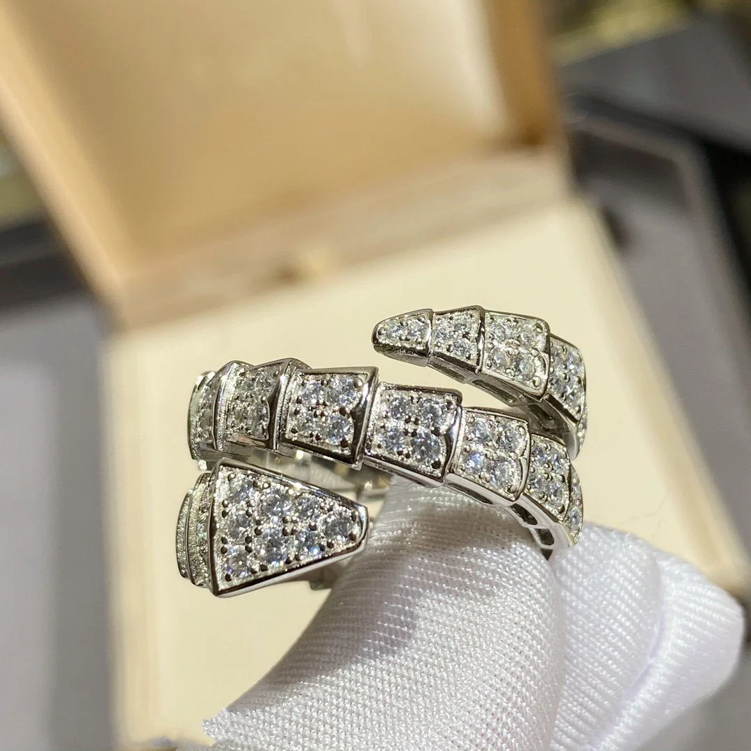 [BV]SERPENTI DOUBLE RING SILVER DIAMOND PAVED