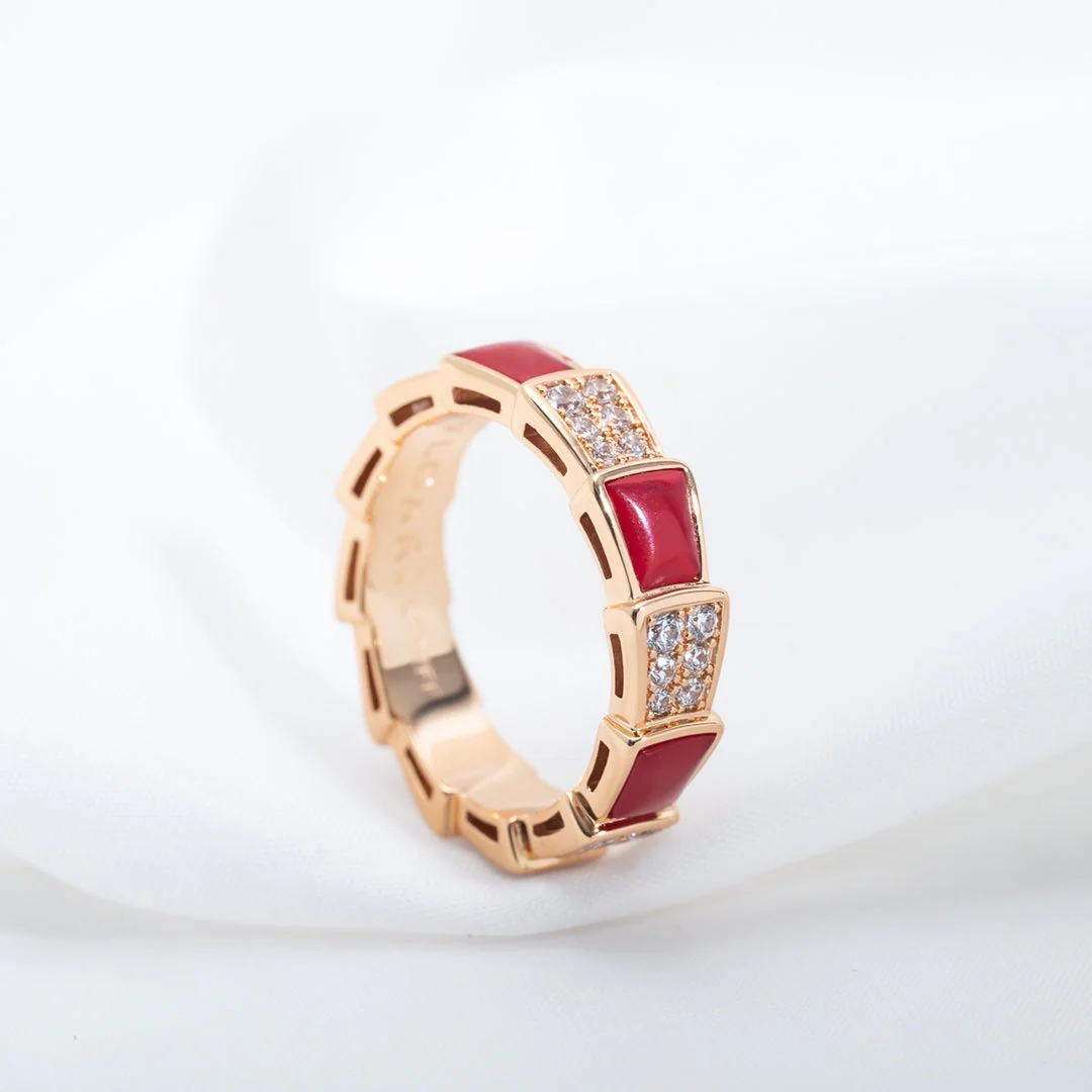 [BV]SERPENTI RING PINK GOLD CARNELIAN DIAMOND PAVED 4MM