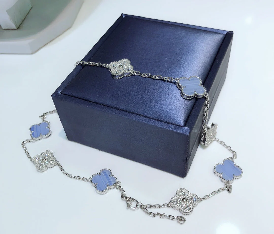 [VA]CLOVER 10 MOTIFS CHALCEDONY DIAMONDS SILVER NECKLACE