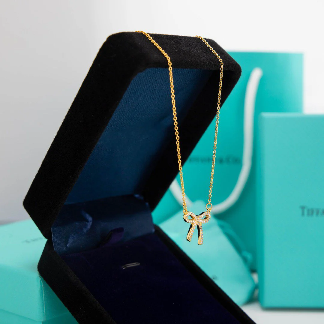 [TF]RIBBON NECKLACE BOW PENDANT DIAMOND CHARM CHAIN
