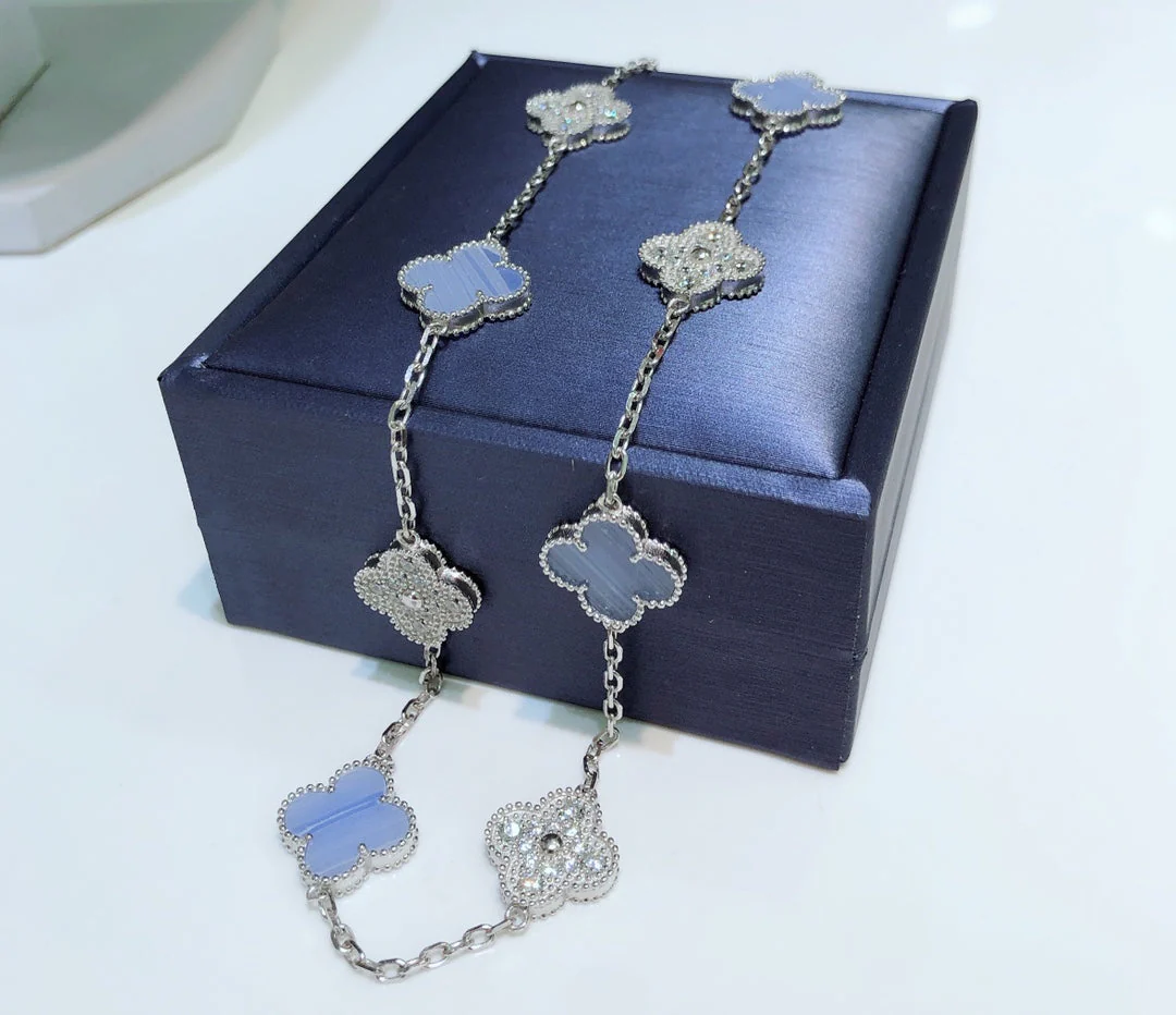 [VA]CLOVER 10 MOTIFS CHALCEDONY DIAMONDS SILVER NECKLACE