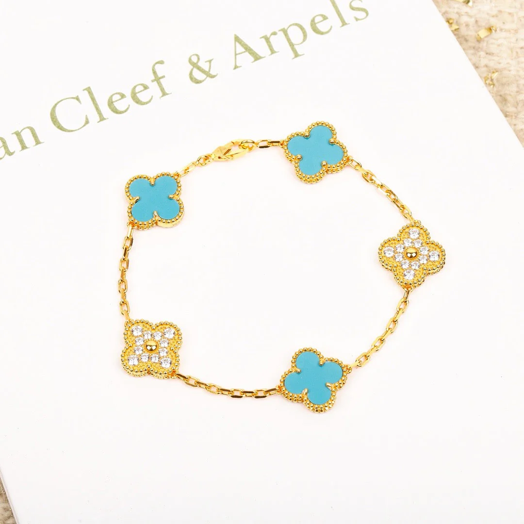 [VA]CLOVER 5 MOTIF TURQUOISE DIAMOND GOLD BRACELET