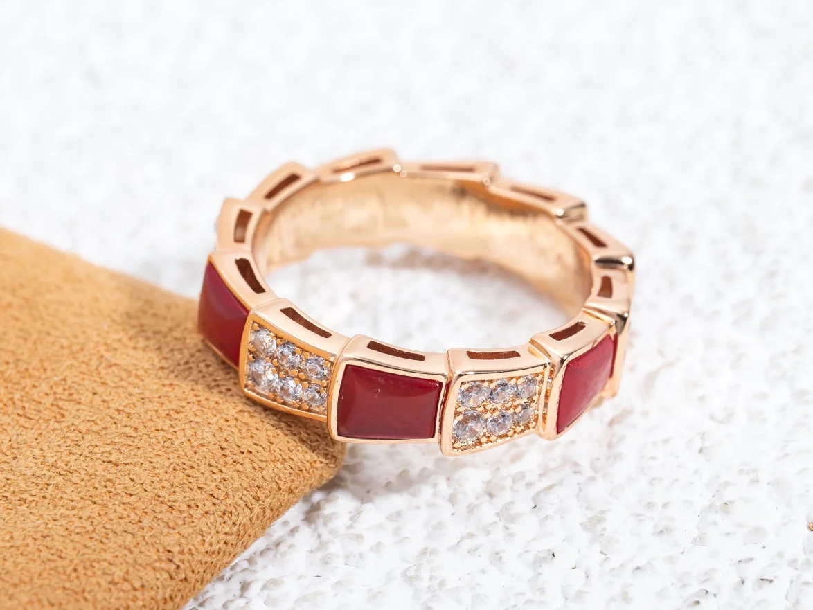 [BV]SERPENTI RING PINK GOLD CARNELIAN DIAMOND PAVED 4MM