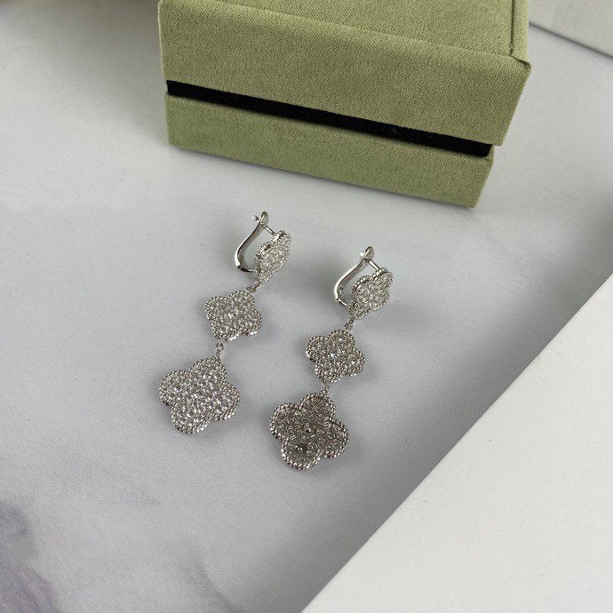 [VA]CLOVER 3 MOTIF DIAMOND SILVER DROP EARRINGS