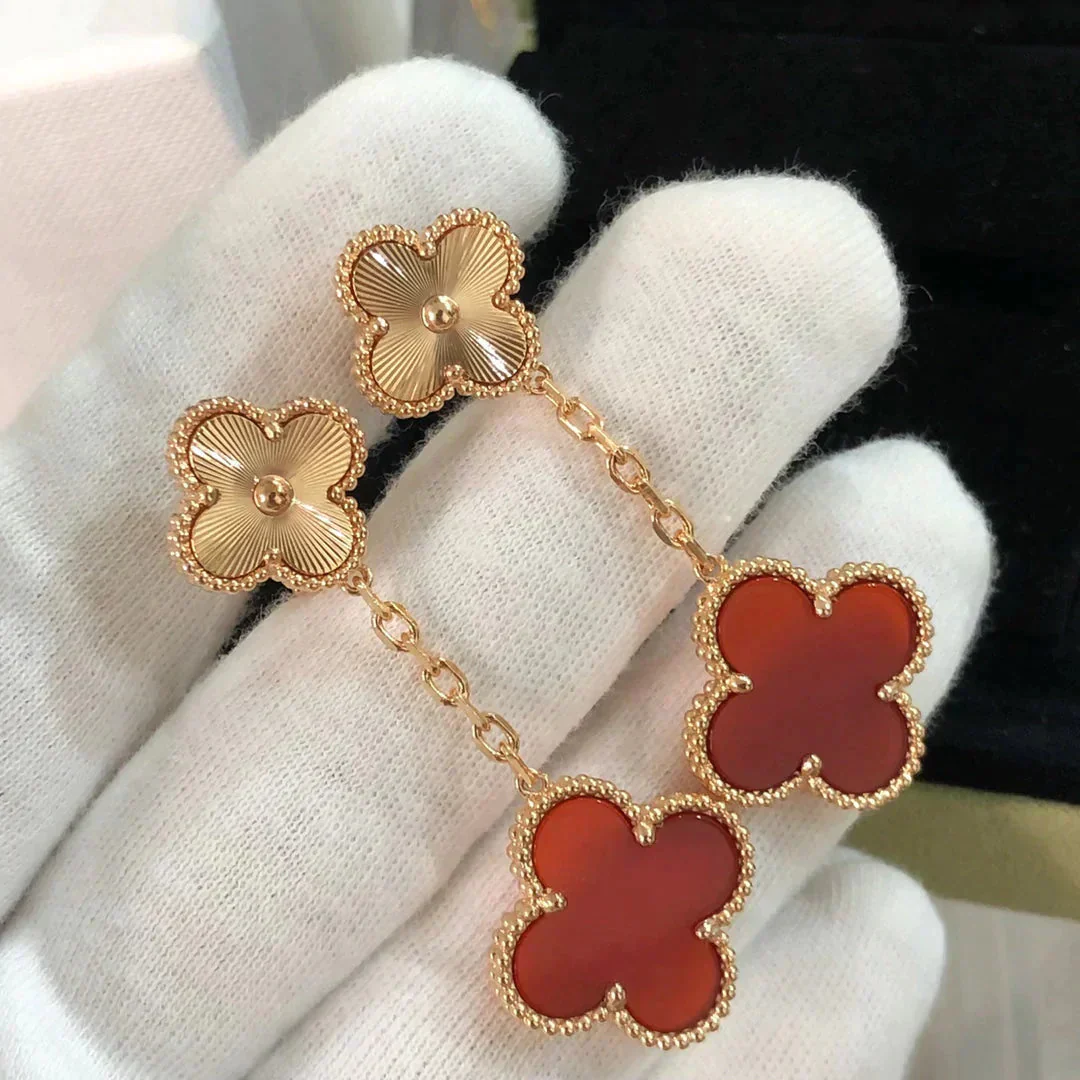 [VA]CLOVER 2 MOTIF  LASER CARNELIAN EARRINGS