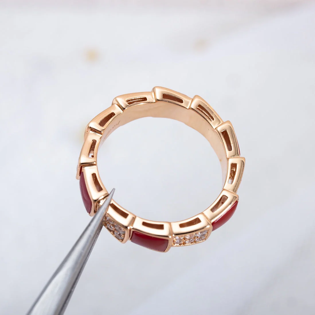 [BV]SERPENTI RING PINK GOLD CARNELIAN DIAMOND PAVED 4MM
