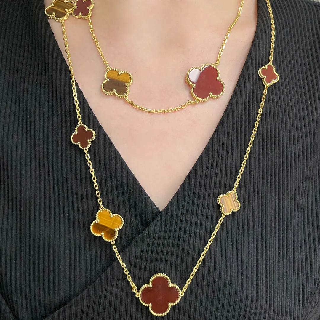 [VA]CLOVER 16 MOTIF CARNELIAN TIGER EYE ROSE GOLD NECKLACE