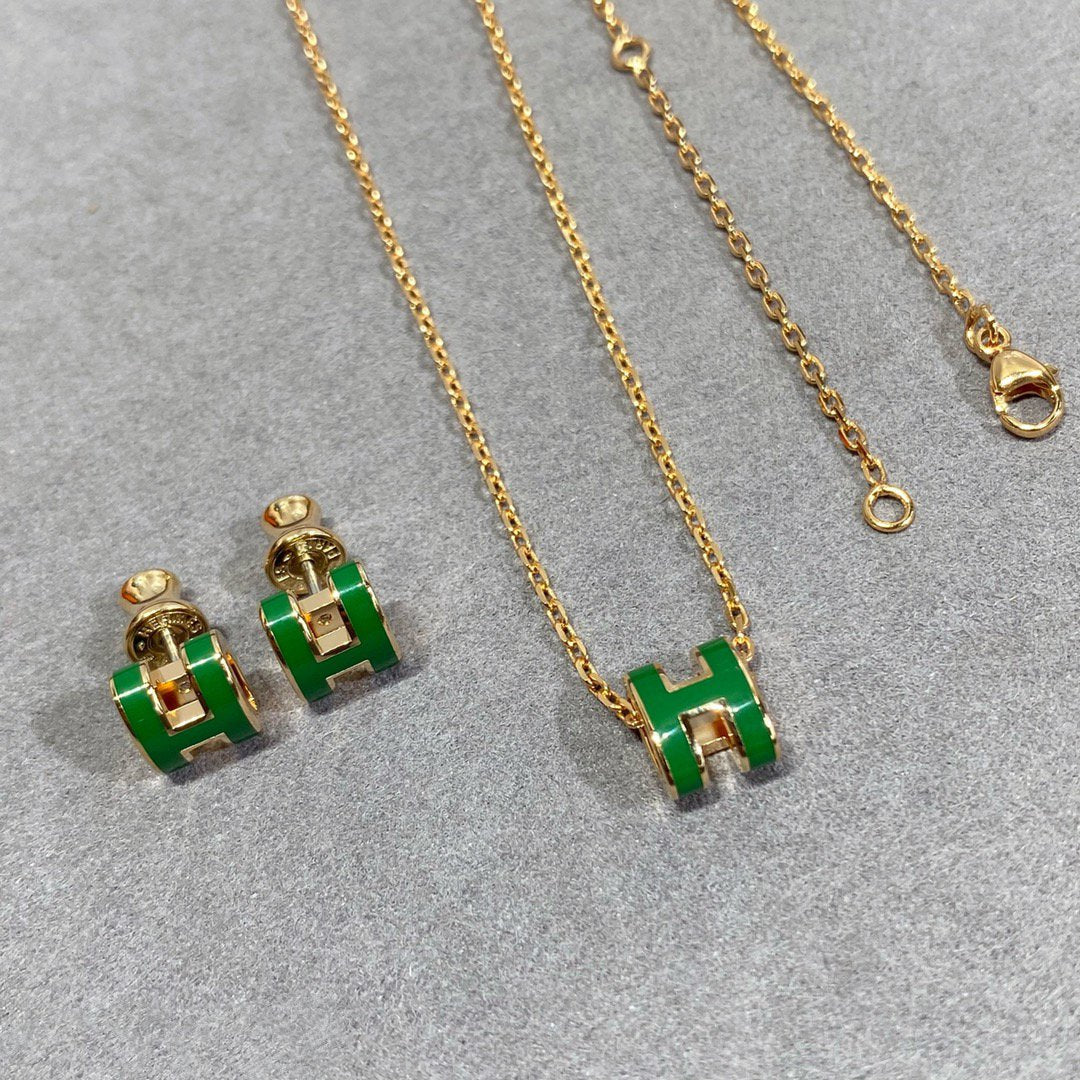 [Hmes]POP H GREEN NECKLACE SILVER AND GOLD