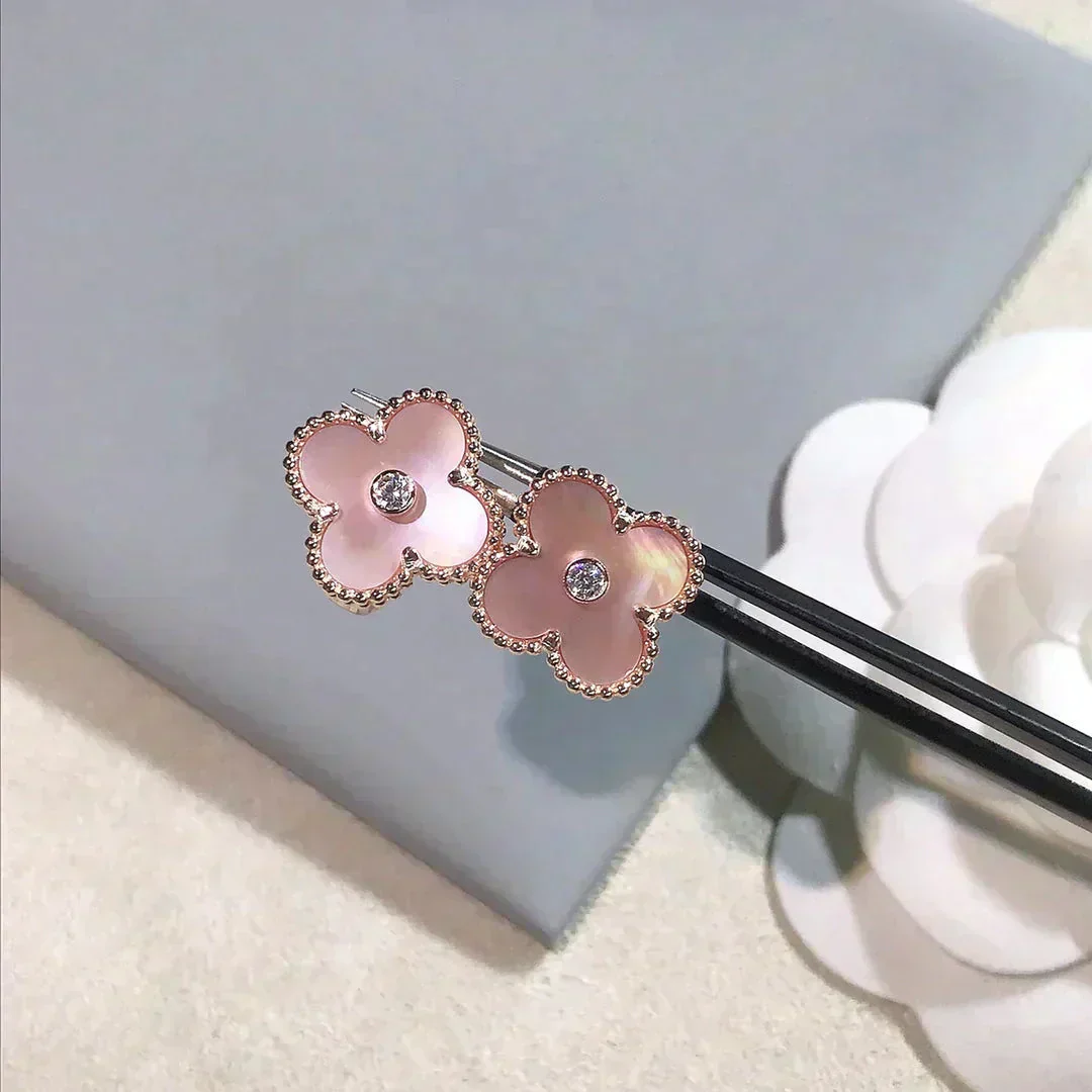 [VA]CLOVER MEDIUM 1 MOTIFS  PINK MOP DIAMOND EARRINGS