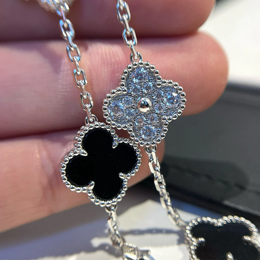 [VA]CLOVER 5 MOTIF ONYXS DIAMOND BRACELET SILVER