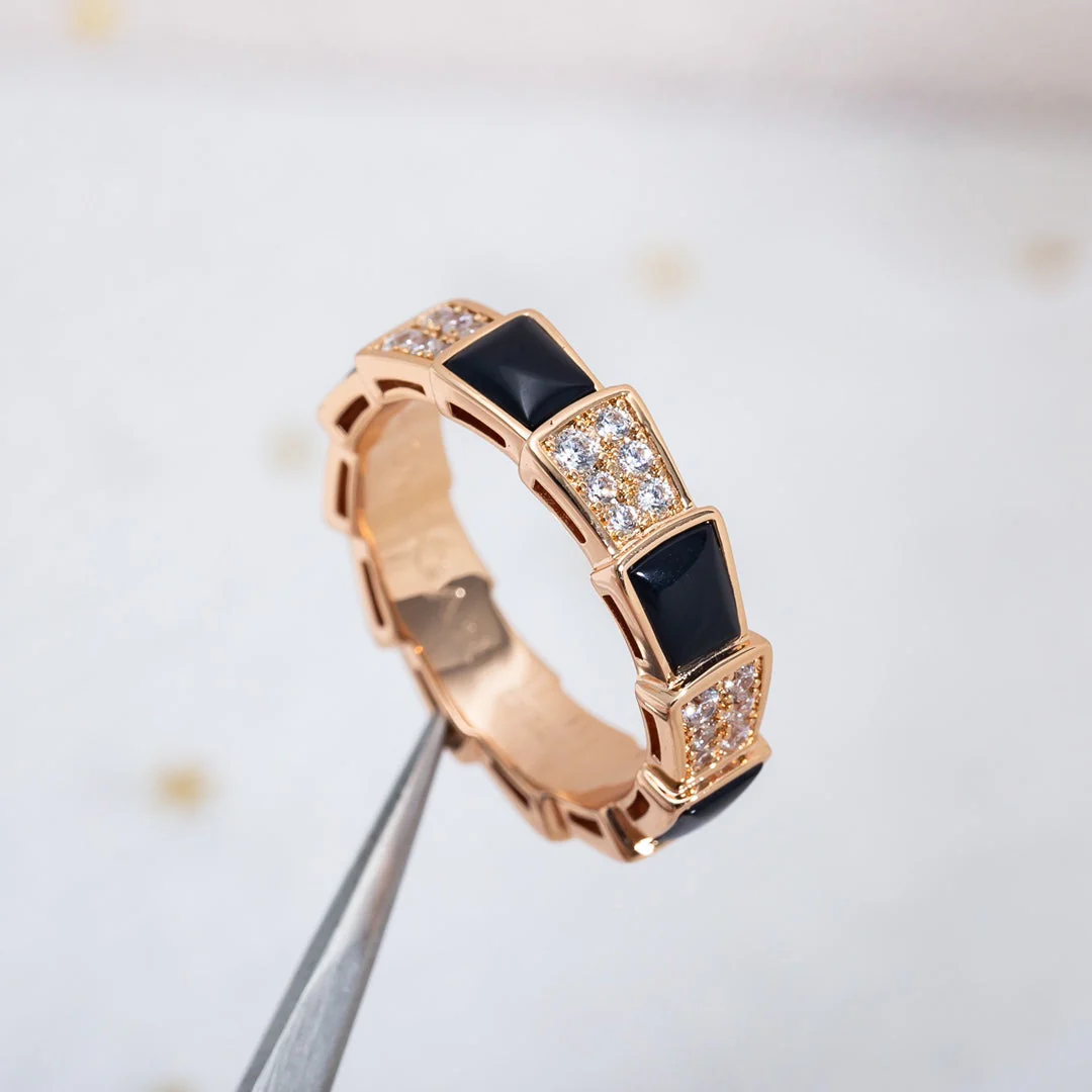 [BV]SERPENTI RING PINK GOLD BLACK MOP DIAMOND PAVED 4MM