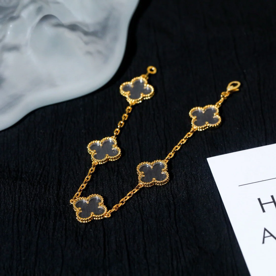 [VA]CLOVER 5 MOTIF ROCK CRYSTAL PINK GOLD BRACELET